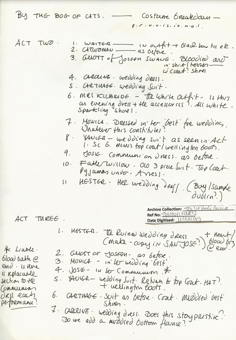 MS document by Joe Vaněk entitled 'Costume Breakdown - Provisional'