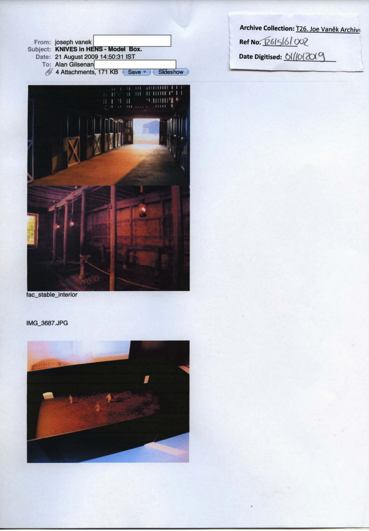 print-out email correspondence between Joe Vaněk and  Alan Gilsenan