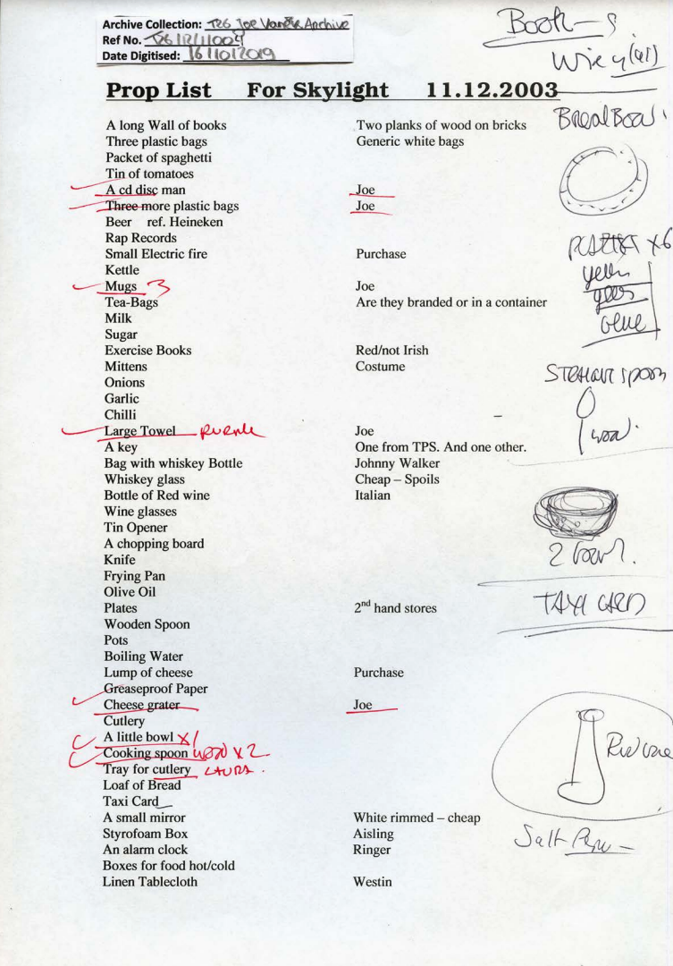 Various and updated prop lists for the play
