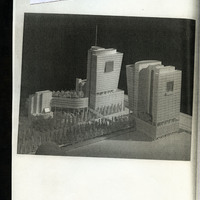 Black and white print outs of internet images of architectural plans and photographs of home and city buildings interior and exterior