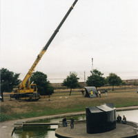 Colour photograph of the construction of the venue for CITY by Pan Pan Theatre Company at Blackrock Park