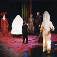 Colour photograph of the entire cast on stage during a performance of Madamoiselle Flic Flac in the Red Room by Pan Pan Theatre Company