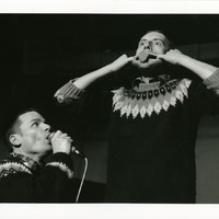 Black-and-white photograph of a performance of Standoffish by Pan Pan Theatre Company