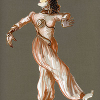 Colour costume sketch, pencil on paper, by Helene Kufferath for A Bronze Twist of your Serpent Muscles by Pan Pan Theatre Company