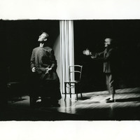 Black-and-white photograph of two actors in The Man With Two Kisses by Pan Pan Theatre Company
