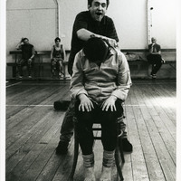 Black-and-white photograph of a rehearsal for Peepshow by Pan Pan Theatre Company