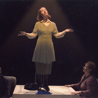 Colour photograph of (l.t.r.) Jasmina Daniel, Grainne Byrne and Joanna Brookes of Scarlet Theatre in the Chair Women, co-produced Pan Pan Theatre Company