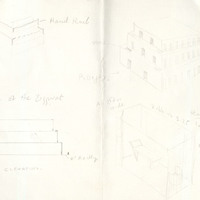 Pencil drawing of set design for instillation, ONE: Healing Through Theatre, based on the film project by Pan Pan Theatre Company. Produced at The Warehouse @ The Digital Hub, Dublin.