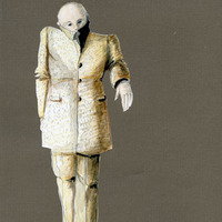 Colour costume sketch, pencil on paper, by Helene Kufferath for A Bronze Twist of your Serpent Muscles by Pan Pan Theatre Company