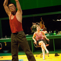 Colour photograph of a performance of The Playboy of the Western World by Pan Pan Theatre Company in the Orienal Pioneer Theatre, Beijing