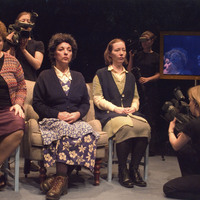 Colour photograph of (l.t.r.) Joanna Brookes, Jasmina Daniel and Grainne Byrne of Scarlet Theatre in The Chair Women, co-produced by Pan Pan Theatre Company