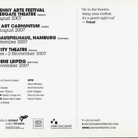 Colour printed postcard detailing German tour dates for Oedipus Loves You by Pan Pan Theatre Company