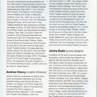 Colour printed programme page from productrion of Embers and All That Fall, written by Samuel Beckett, by Pan Pan Theatre Company at the Edinburgh International Festival.