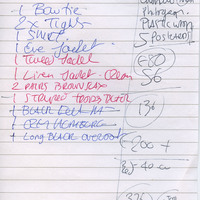 List of costume used for The Book of Evidence by John Banville, adapated and directed by Alan Gilsenan, designed by Joe Vaněk