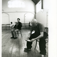 Black-and-white photograph of a rehearsal for Peepshow by Pan Pan Theatre Company