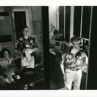 Black-and-white backstage photograph during the production of Standoffish by Pan Pan Theatre Company