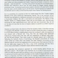Colour printed programme page from productrion of Embers and All That Fall, written by Samuel Beckett, by Pan Pan Theatre Company at the Edinburgh International Festival.