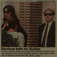 Newspaper clipping, showing Anjelica Huston and Jack Nicholson attending John Huston's memorial service.