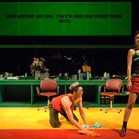 Colour photograph of a performance of The Playboy of the Western World at the Project Arts Centre, Dublin by Pan Pan Theatre Company, first performed at the Orienal Pioneer Theatre, Beijing