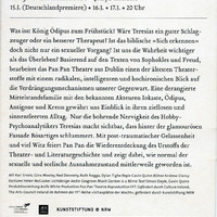 Colour printed postcard for Oedipus Loves You by Pan Pan Theatre at FFT Juta, Dusseldorf, Germany