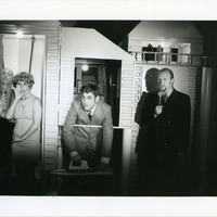Black-and-white photograph of a performance of Peepshow by Pan Pan Theatre Company