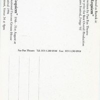 Black-and-white printed postcard for Tailors Requiem by Pan Pan Theatre Company