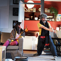 Colour photograph of Judith Roddy and Andrew Bennett in Everyone is King Lear in His Own Home by Pan Pan Theatre Company. Photo by Ros Kavanagh.