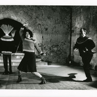 Black-and-white photograph of a performance of Standoffish by Pan Pan Theatre Company