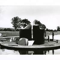Black-and-white photograph of the construction of the venue for Pan Pan Theatre Company's CITY at Blackrock Park