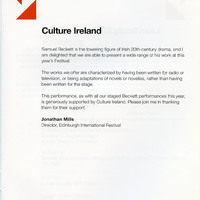 Colour printed programme page from productrion of Embers and All That Fall, written by Samuel Beckett, by Pan Pan Theatre Company at the Edinburgh International Festival.