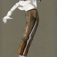 Colour costume sketch, pencil on paper, by Helene Kufferath for A Bronze Twist of your Serpent Muscles by Pan Pan Theatre Company