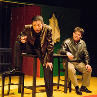Colour photograph of a performance of The Playboy of the Western World by Pan Pan Theatre Company in the Orienal Pioneer Theatre, Beijing