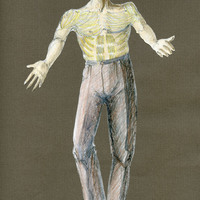 Colour costume sketch, pencil on paper, by Helene Kufferath for A Bronze Twist of your Serpent Muscles by Pan Pan Theatre Company
