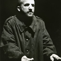 Black-and-white close-up photograph of Charles Kelly in The Man With Two Kisses by Pan Pan Theatre Company