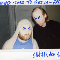Colour candid polaroid photograph of two cast members of Mac-beth 7 by Pan Pan Theatre Company, on which an invitation has been jokingly written