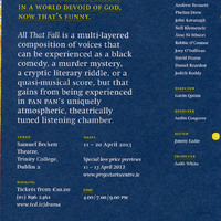 Colour printed programme page of All That Fall by the Pan Pan Theatre Company at Samuel Beckett Centre