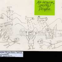 Pencil art drawings by Vanek depicting child-like drawings of children and families in a conflict zone
