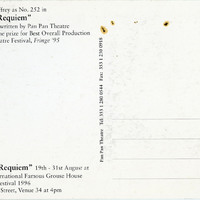 Black-and-white printed postcard for Tailors Requiem by Pan Pan Theatre Company